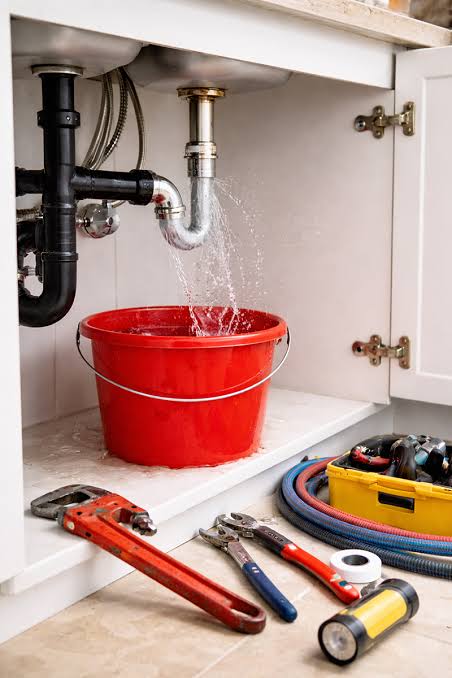 Plumbing work under a sink with tools and a red bucket